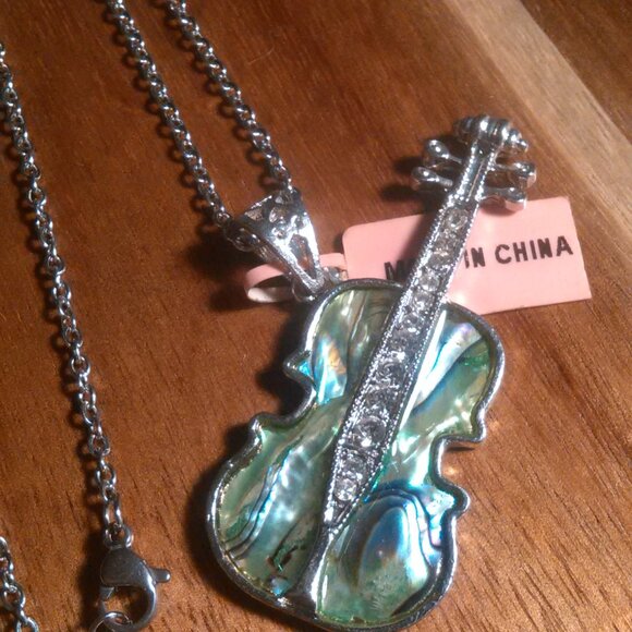 Abalone and White Crystal Silvertone Pendant Stainless Steel Necklace - Picture 2 of 9